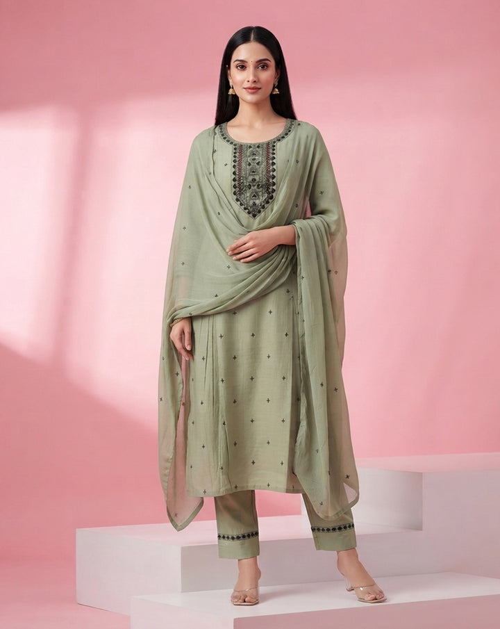 Sage Green "Heritage" Embroidered Chanderi Kurta, Pant &amp; Dupatta Set