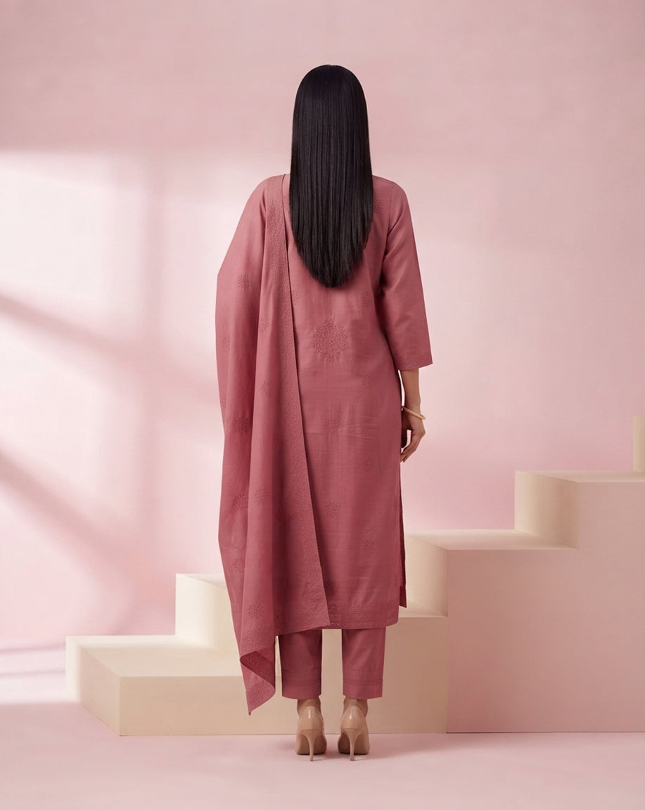 Dusty Rose "Elegance" Embroidered Chanderi Kurta, Pant &amp; Dupatta Set