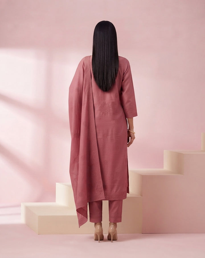 Dusty Rose "Elegance" Embroidered Chanderi Kurta, Pant &amp; Dupatta Set