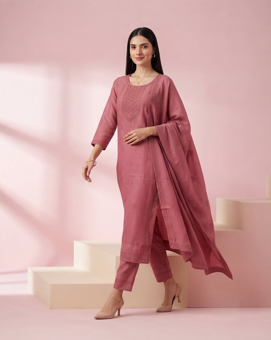 Dusty Rose "Elegance" Embroidered Chanderi Kurta, Pant &amp; Dupatta Set