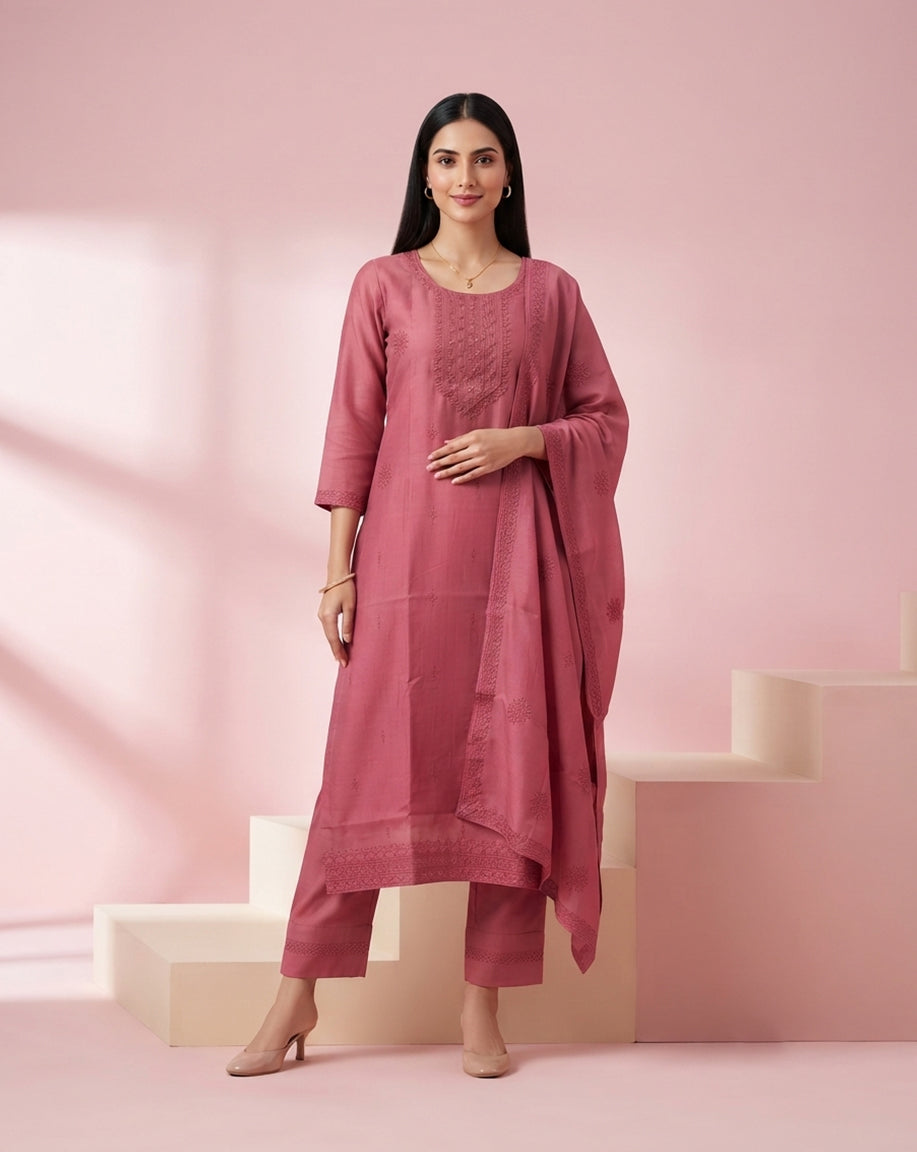 Dusty Rose "Elegance" Embroidered Chanderi Kurta, Pant &amp; Dupatta Set