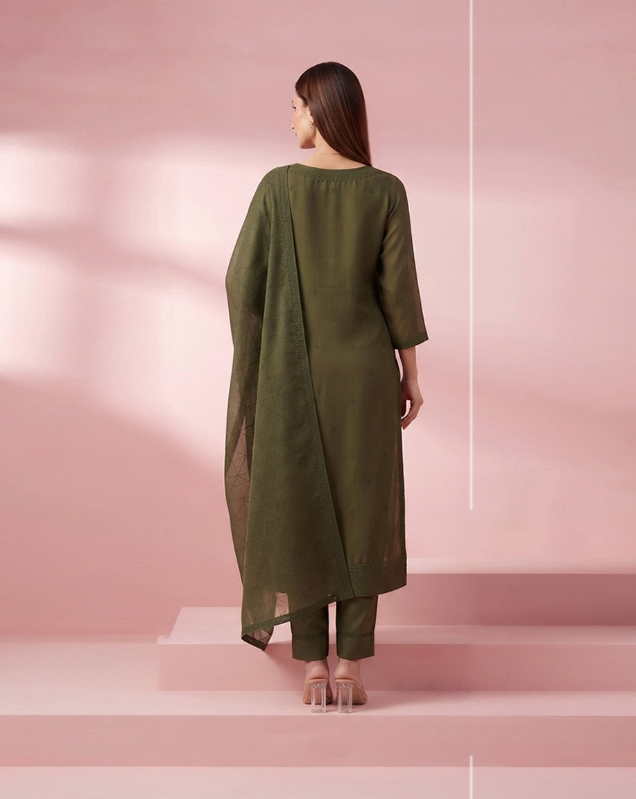Olive Green "Minimalist" Embroidered Chanderi Kurta, Pant &amp; Geometric Dupatta Set