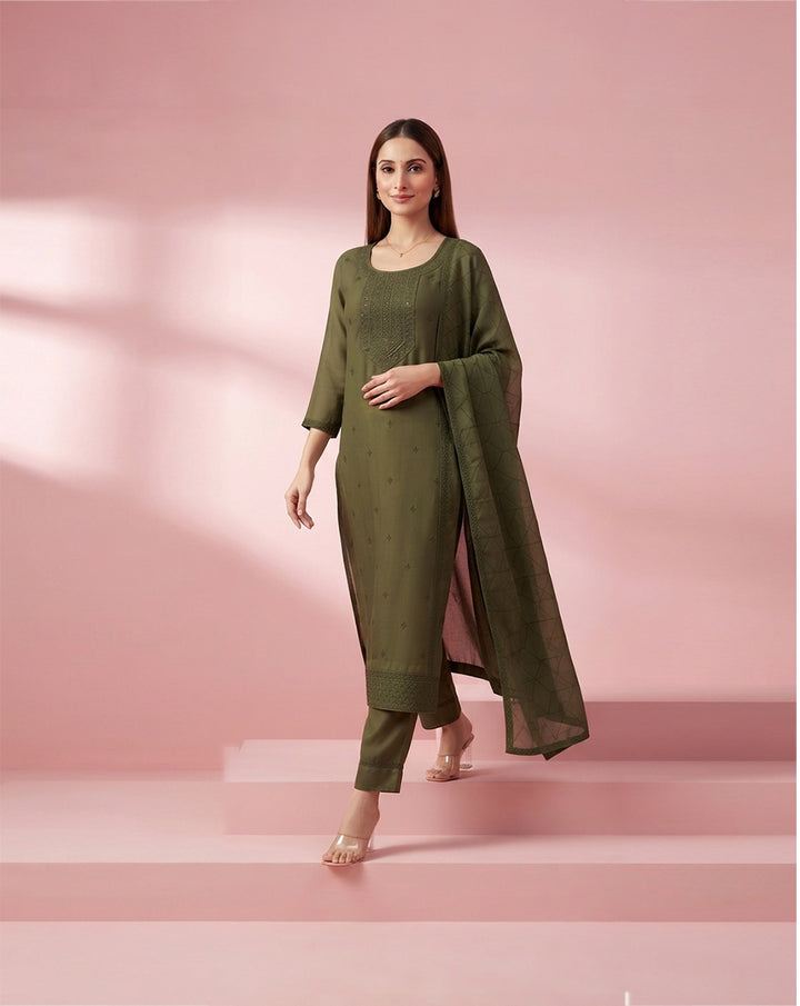 Olive Green "Minimalist" Embroidered Chanderi Kurta, Pant &amp; Geometric Dupatta Set