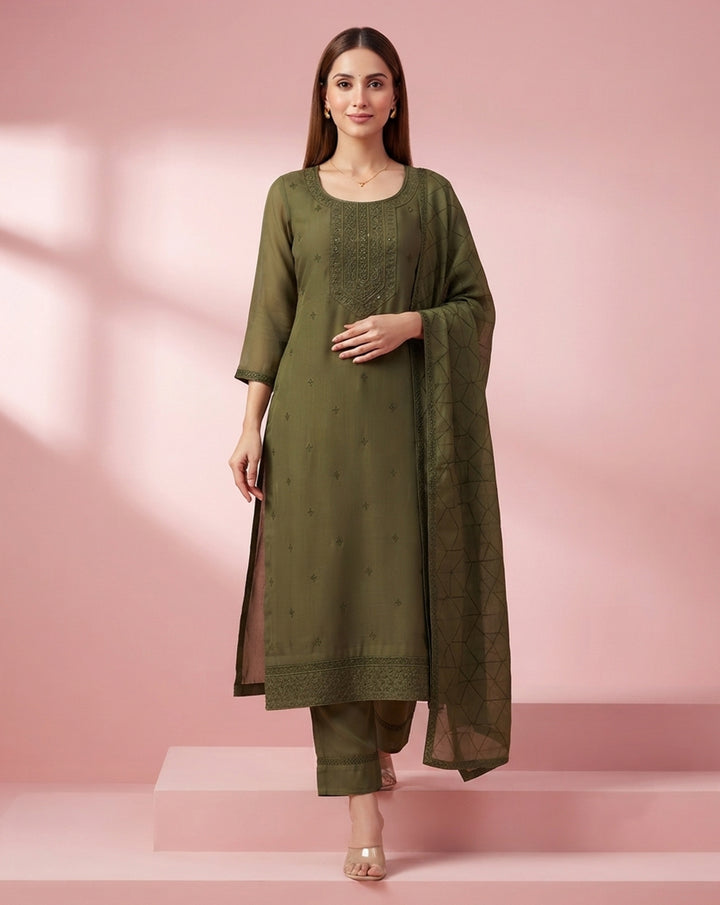 Olive Green "Minimalist" Embroidered Chanderi Kurta, Pant &amp; Geometric Dupatta Set