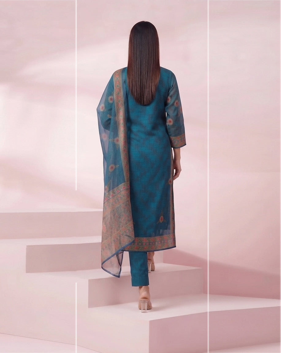 Teal Blue "Heritage" Printed Chanderi Kurta, Pant &amp; Dupatta Set