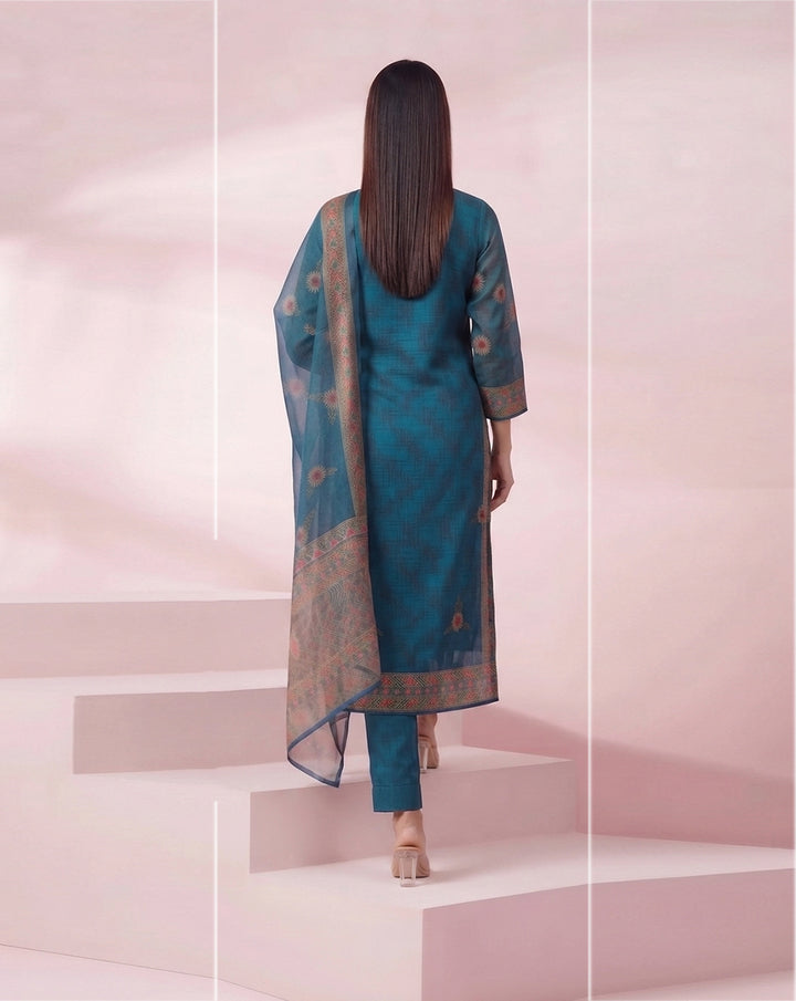 Teal Blue "Heritage" Printed Chanderi Kurta, Pant &amp; Dupatta Set