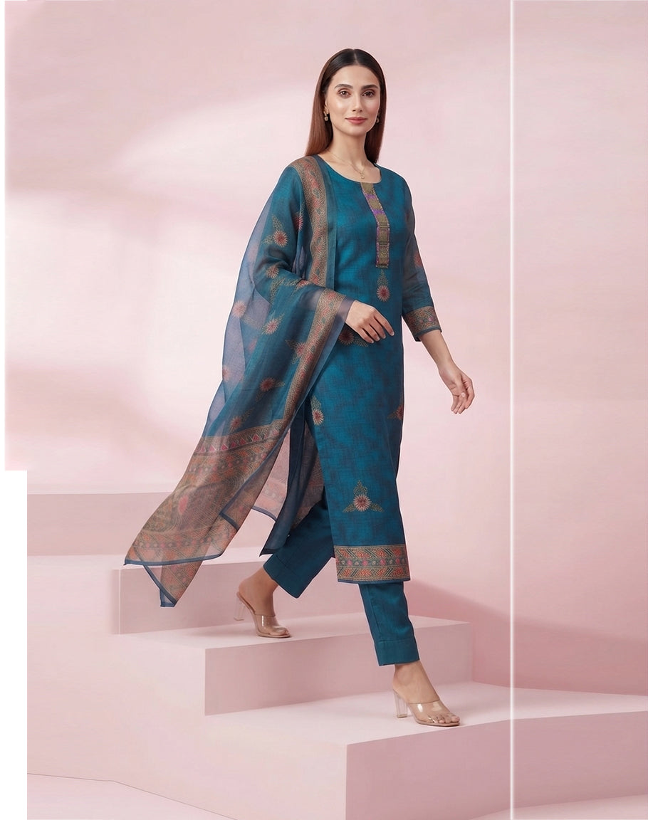 Teal Blue "Heritage" Printed Chanderi Kurta, Pant &amp; Dupatta Set