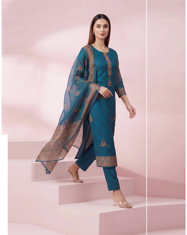 Teal Blue "Heritage" Printed Chanderi Kurta, Pant &amp; Dupatta Set