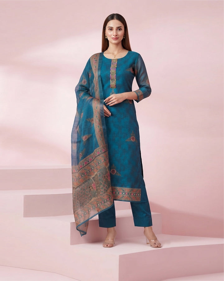 Teal Blue "Heritage" Printed Chanderi Kurta, Pant &amp; Dupatta Set