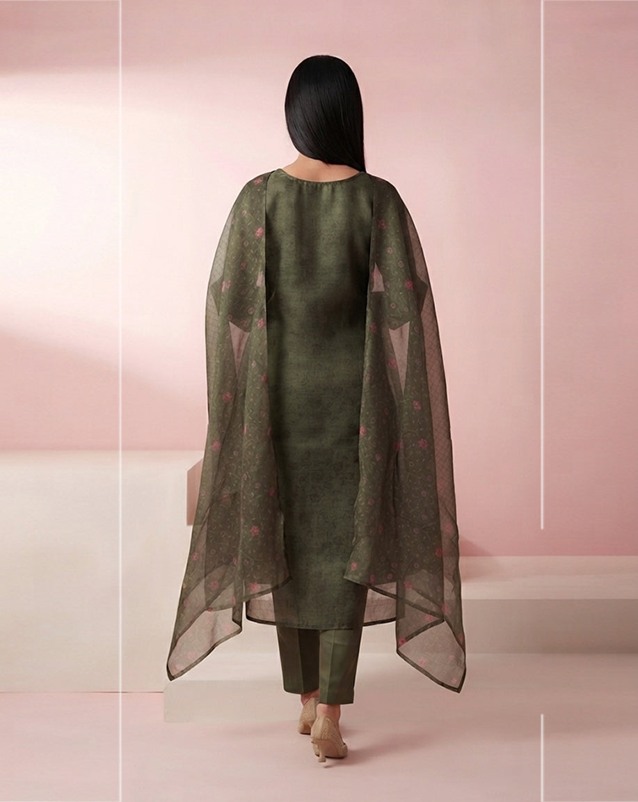 Olive Green "Heritage" Embroidered Chanderi Kurta, Pant &amp; Patterned Dupatta Set