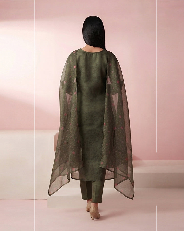 Olive Green "Heritage" Embroidered Chanderi Kurta, Pant &amp; Patterned Dupatta Set
