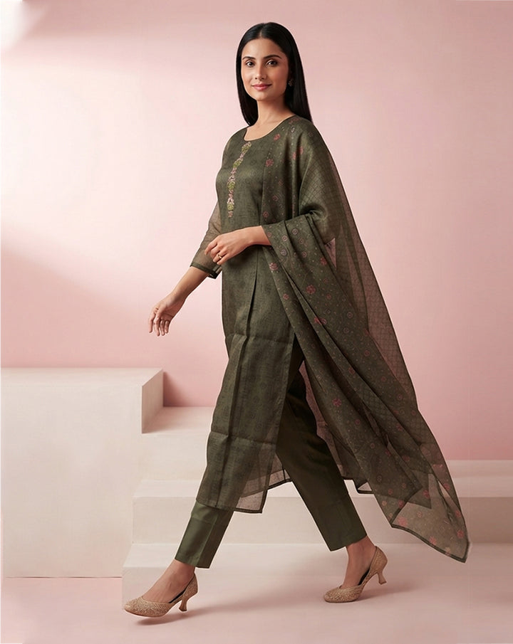Olive Green "Heritage" Embroidered Chanderi Kurta, Pant &amp; Patterned Dupatta Set