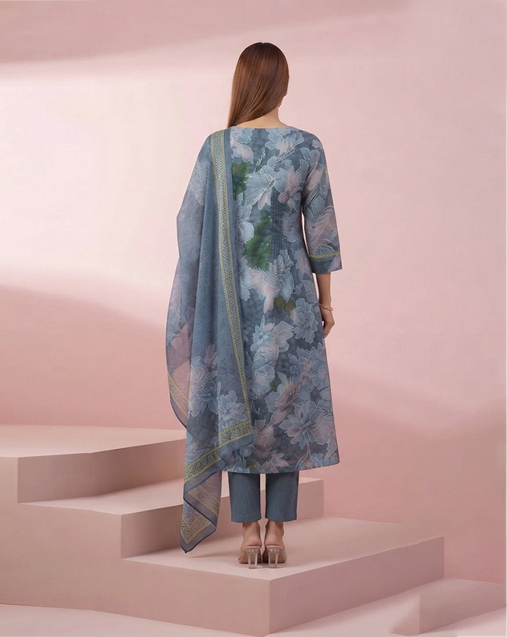 Slate Blue "Botanical" Floral Print Chanderi Kurta, Pant &amp; Dupatta Set