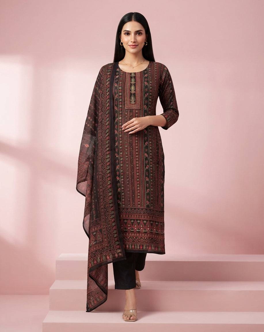 Maroon "Heritage" Patterned Chanderi Kurta, Pant &amp; Dupatta Set