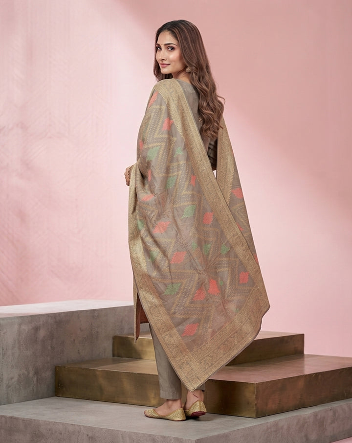 Taupe "Festive" Embellished Chanderi Kurta, Pant &amp; Banarasi Dupatta Set