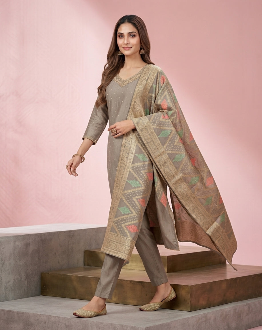 Taupe "Festive" Embellished Chanderi Kurta, Pant &amp; Banarasi Dupatta Set