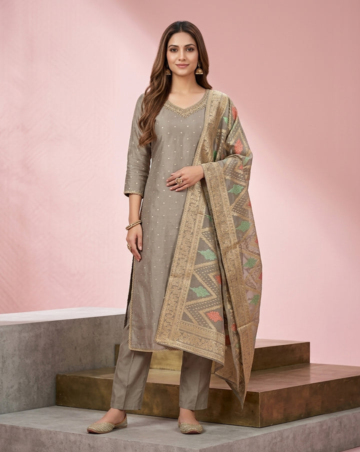 Taupe "Festive" Embellished Chanderi Kurta, Pant &amp; Banarasi Dupatta Set