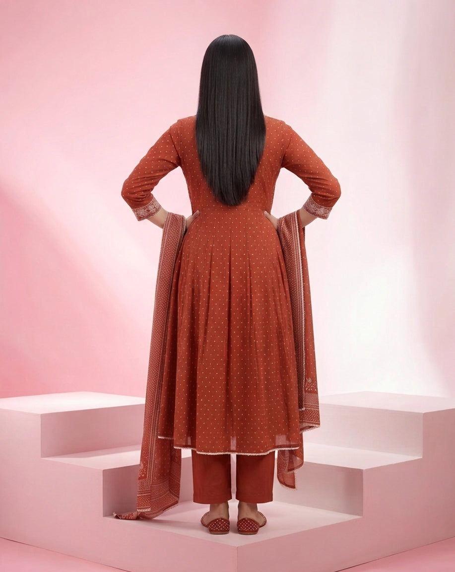 Brick Red "Classic" Embroidered Cotton Anarkali-Style Kurta, Pant &amp; Dupatta Set