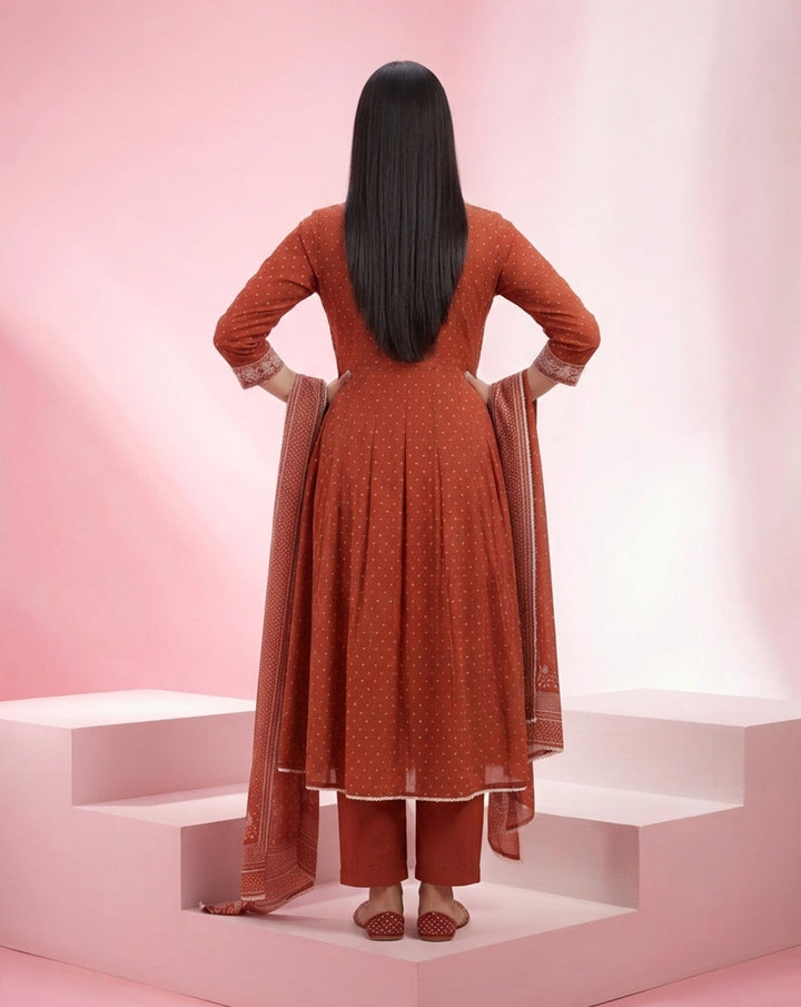 Brick Red "Classic" Embroidered Cotton Anarkali-Style Kurta, Pant &amp; Dupatta Set