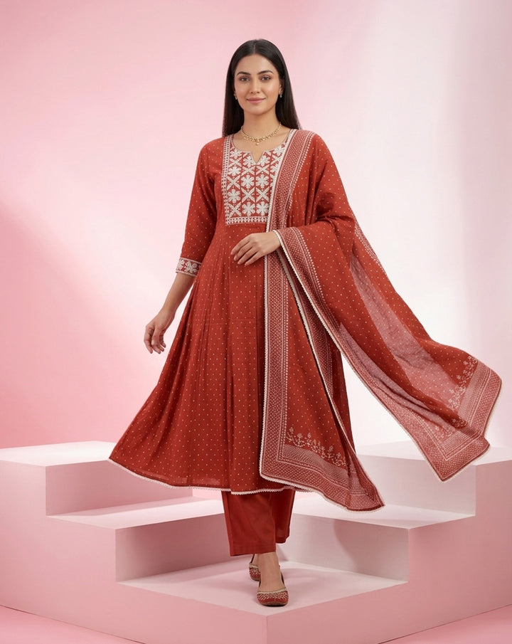 Brick Red "Classic" Embroidered Cotton Anarkali-Style Kurta, Pant &amp; Dupatta Set