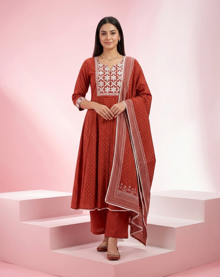 Brick Red "Classic" Embroidered Cotton Anarkali-Style Kurta, Pant &amp; Dupatta Set