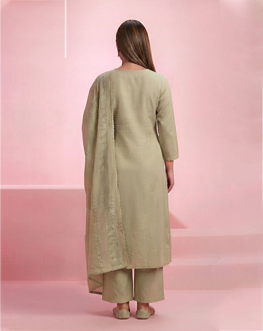 Sage Green "Minimalist" Embroidered Cotton Kurta, Pant &amp; Dupatta Set