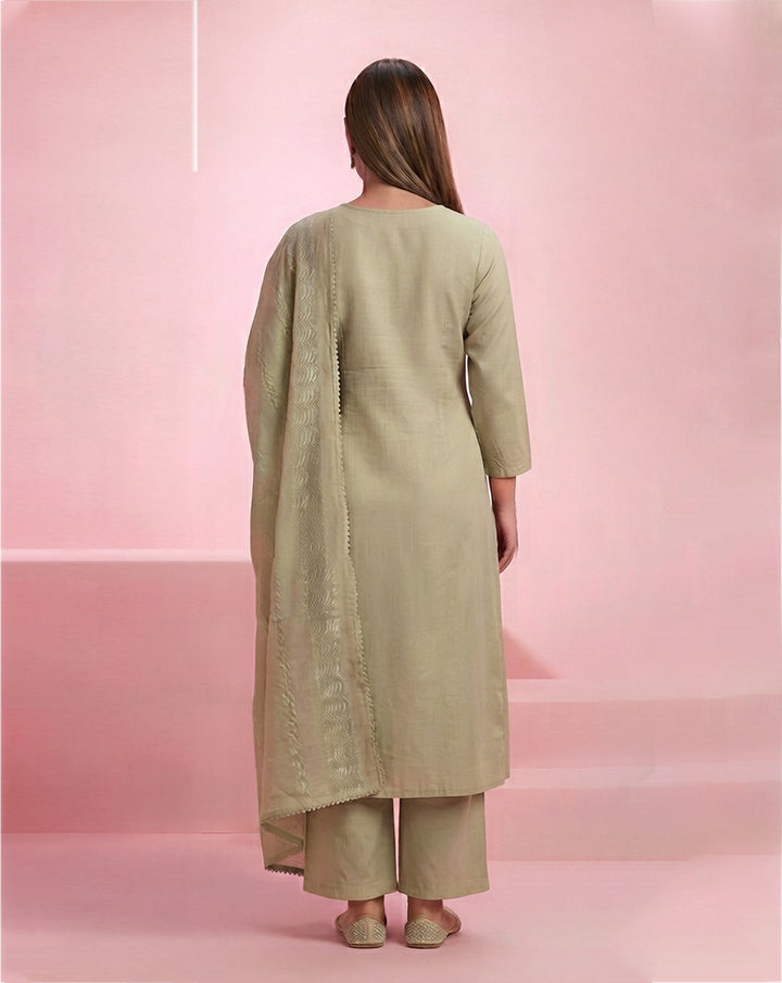 Sage Green "Minimalist" Embroidered Cotton Kurta, Pant &amp; Dupatta Set