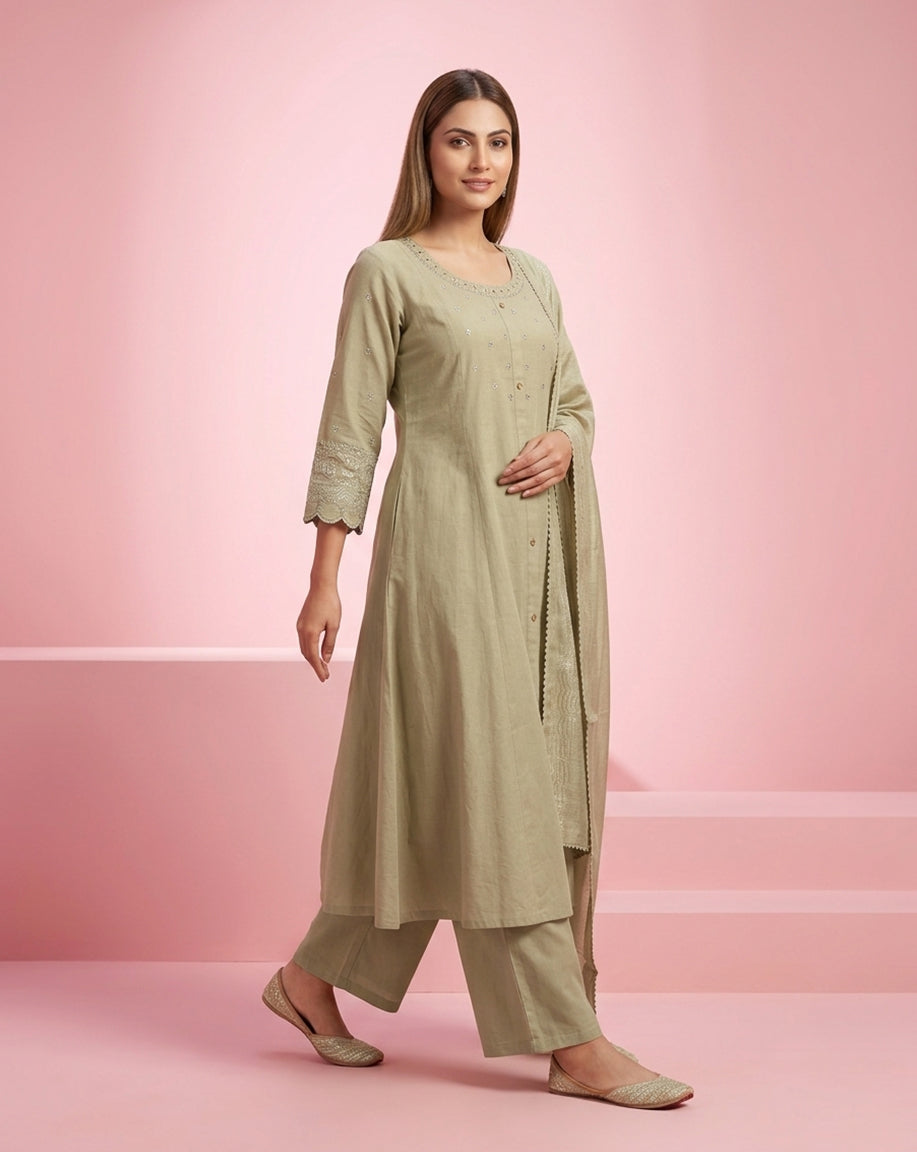 Sage Green "Minimalist" Embroidered Cotton Kurta, Pant &amp; Dupatta Set