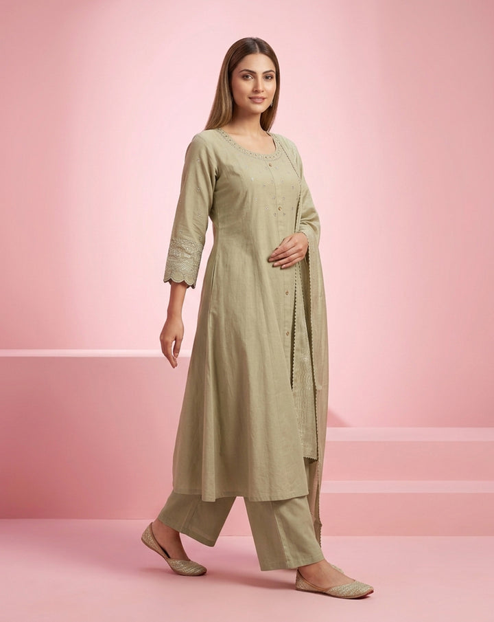 Sage Green "Minimalist" Embroidered Cotton Kurta, Pant &amp; Dupatta Set