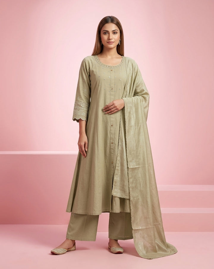 Sage Green "Minimalist" Embroidered Cotton Kurta, Pant &amp; Dupatta Set