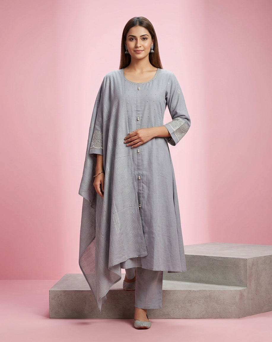 Grey "Ethereal" Embroidered Cotton Kurta, Pant &amp; Dupatta Set