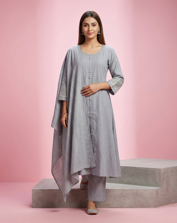 Grey "Ethereal" Embroidered Cotton Kurta, Pant &amp; Dupatta Set