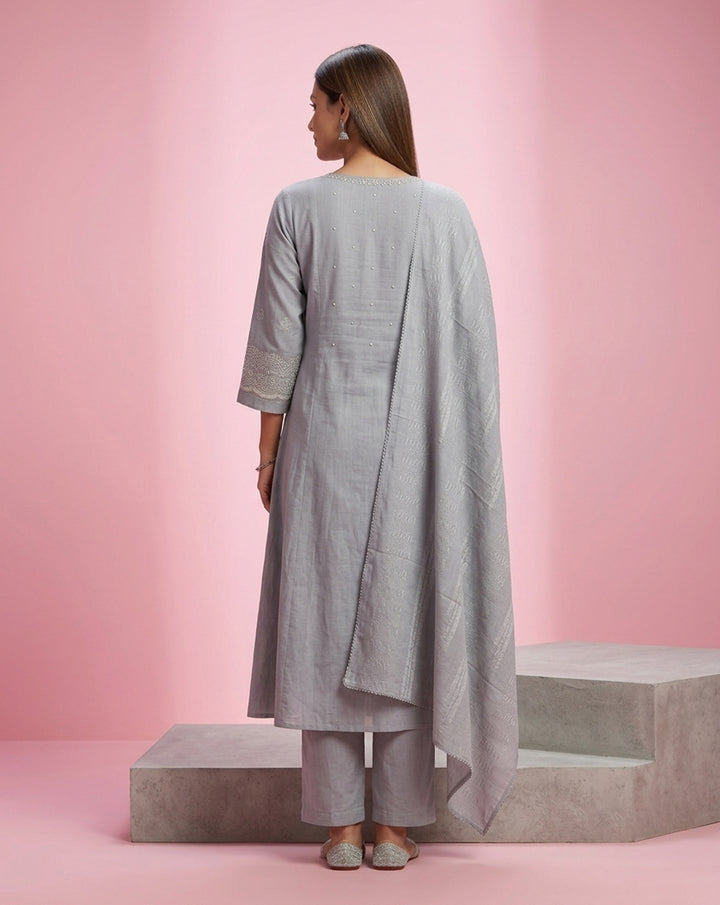 Grey "Ethereal" Embroidered Cotton Kurta, Pant &amp; Dupatta Set