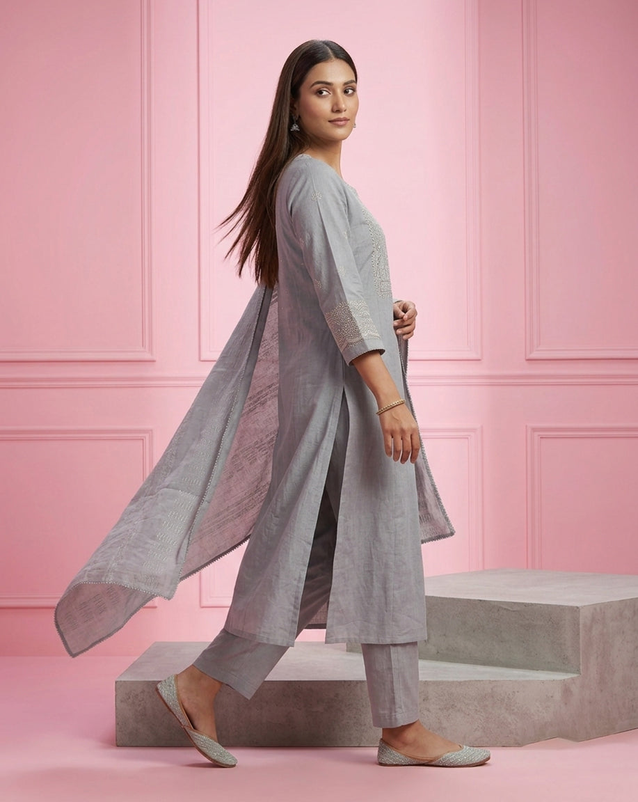 Grey "Ethereal" Embroidered Cotton Kurta, Pant &amp; Dupatta Set