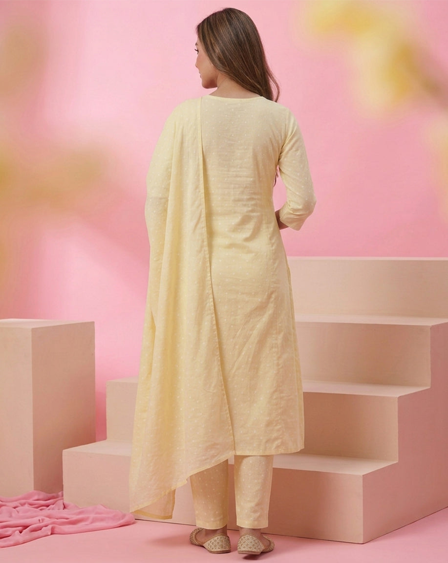 Pastel Yellow "Sunshine" Embroidered Cotton A-Line Kurta, Pant &amp; Dupatta Set