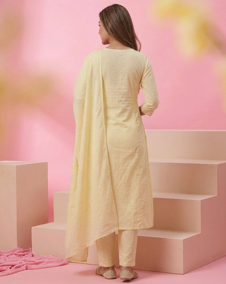 Pastel Yellow "Sunshine" Embroidered Cotton A-Line Kurta, Pant &amp; Dupatta Set