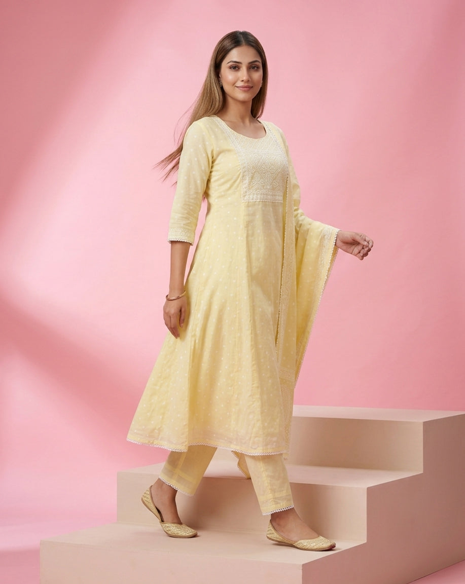 Pastel Yellow "Sunshine" Embroidered Cotton A-Line Kurta, Pant &amp; Dupatta Set