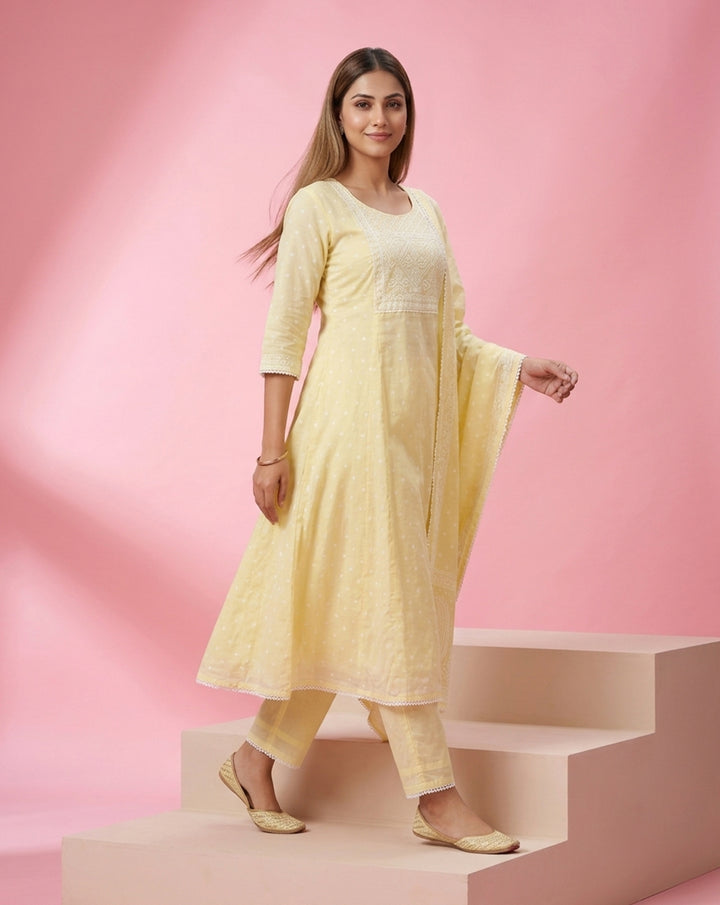 Pastel Yellow "Sunshine" Embroidered Cotton A-Line Kurta, Pant &amp; Dupatta Set