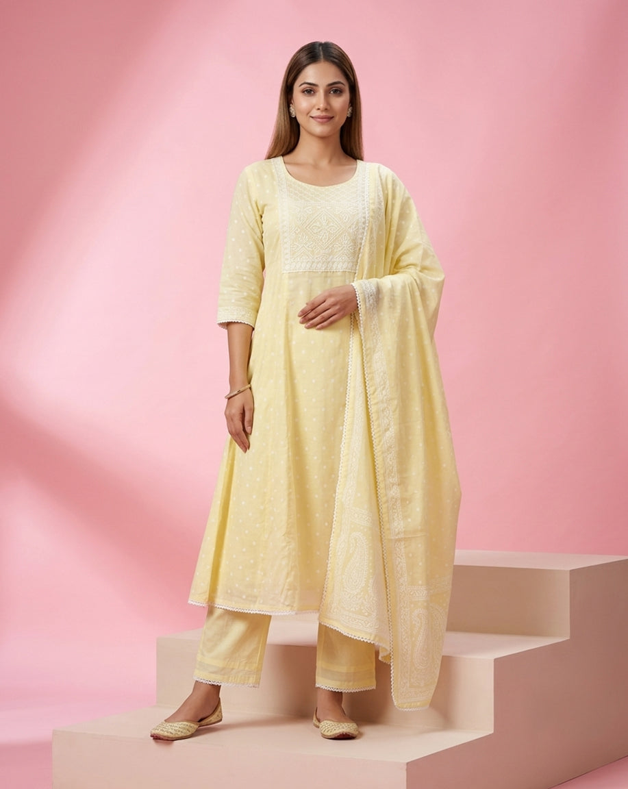 Pastel Yellow "Sunshine" Embroidered Cotton A-Line Kurta, Pant &amp; Dupatta Set