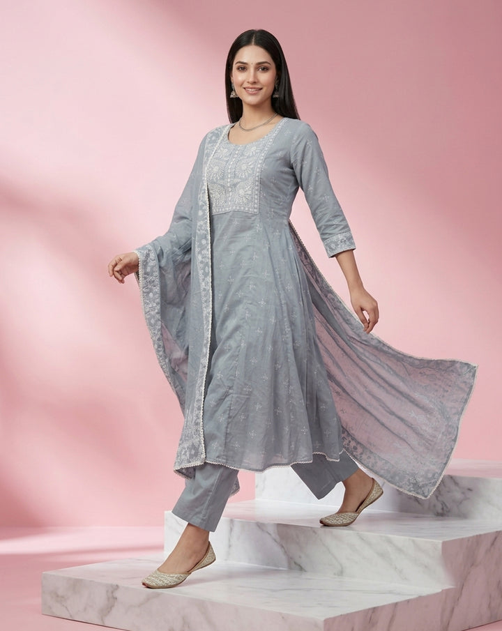 Slate Grey "Ethereal" Printed &amp; Embroidered Cotton Kurta Set with Dupatta