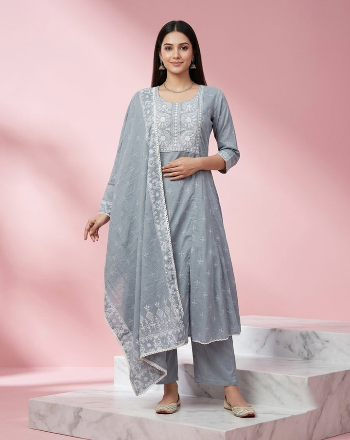 Slate Grey "Ethereal" Printed &amp; Embroidered Cotton Kurta Set with Dupatta