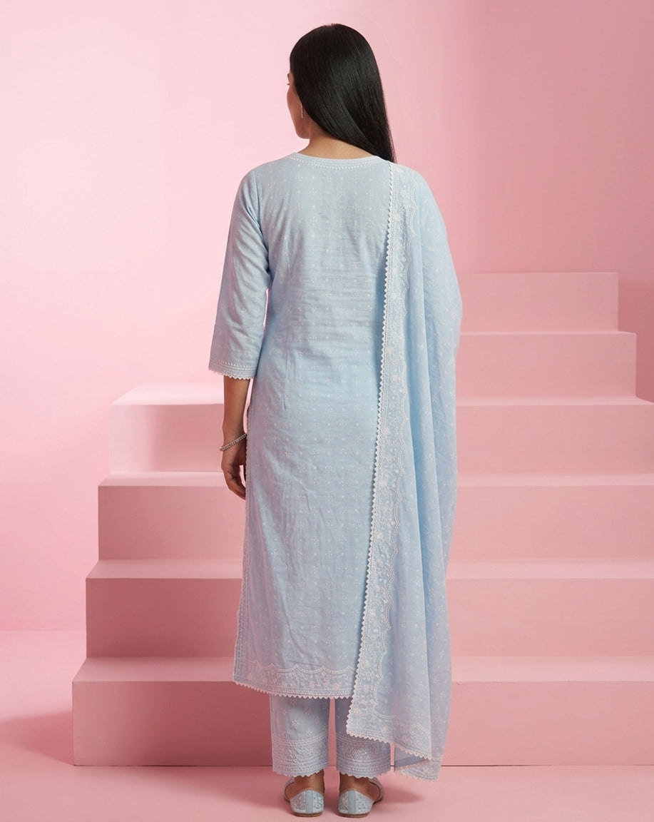 Sky Blue "Celestial" Printed &amp; Embroidered Cotton Kurta Set with Dupatta