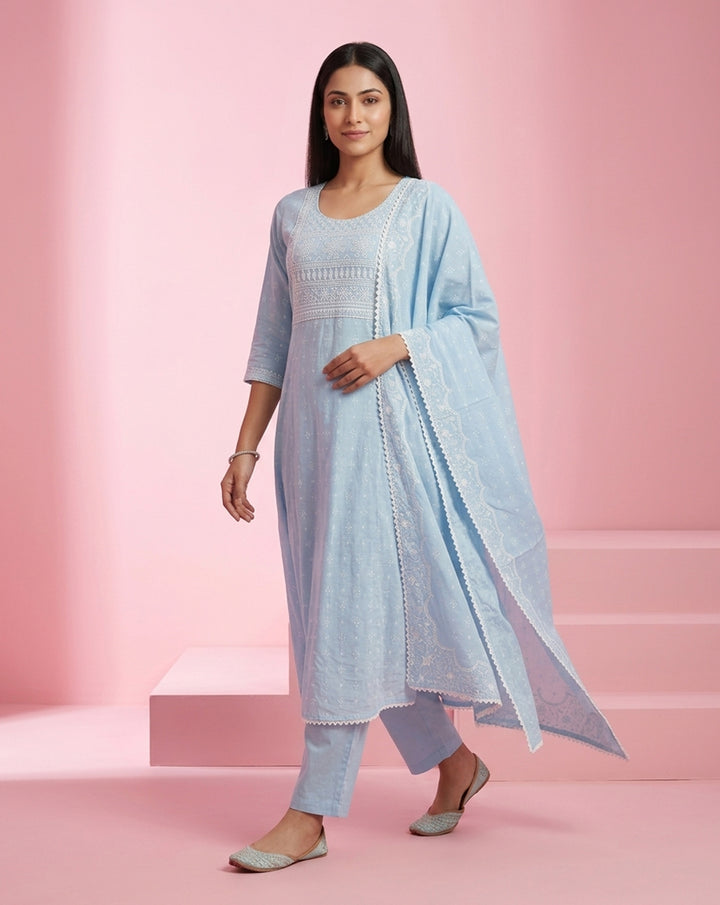 Sky Blue "Celestial" Printed &amp; Embroidered Cotton Kurta Set with Dupatta
