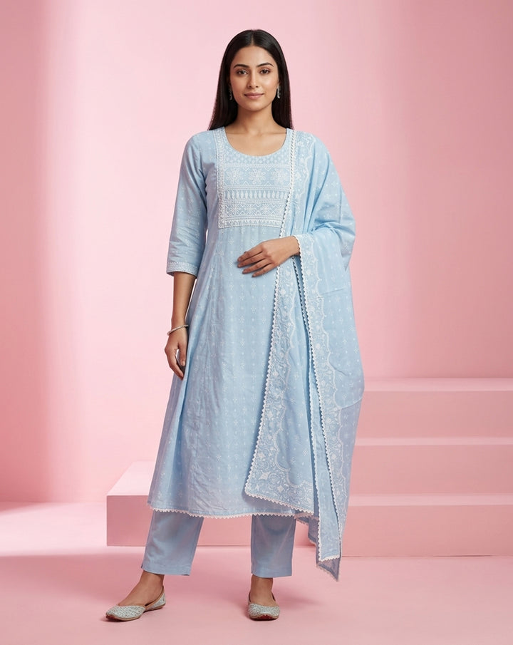 Sky Blue "Celestial" Printed &amp; Embroidered Cotton Kurta Set with Dupatta