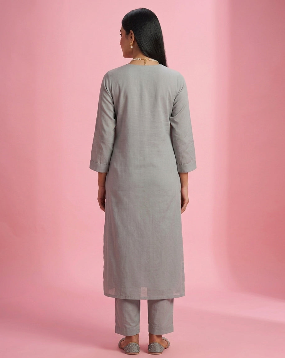 Grey "Sophistication" Pleated &amp; Embroidered Chanderi Kurta, Pant &amp; Dupatta Set