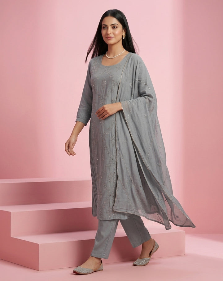 Grey "Sophistication" Pleated &amp; Embroidered Chanderi Kurta, Pant &amp; Dupatta Set
