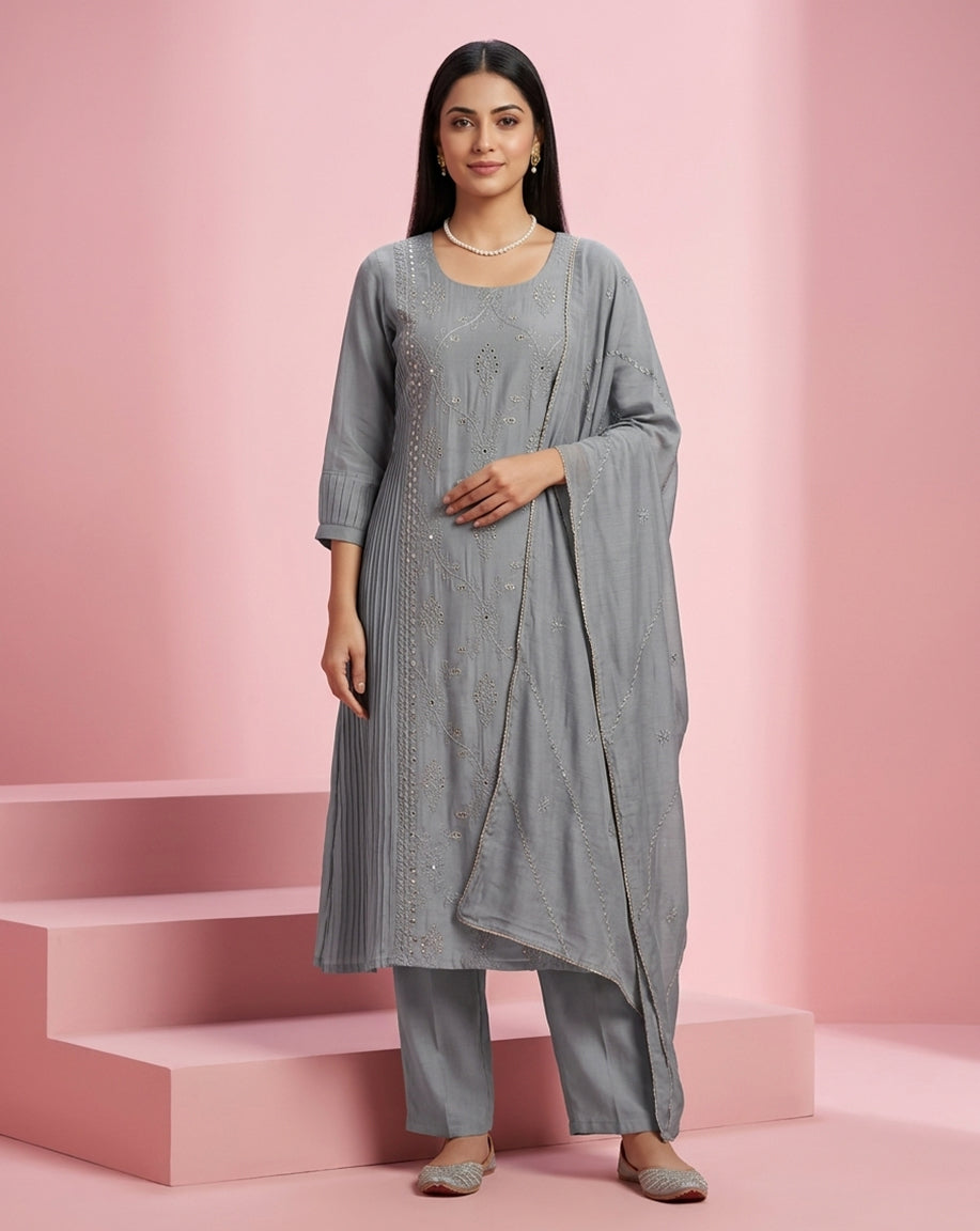 Grey "Sophistication" Pleated &amp; Embroidered Chanderi Kurta, Pant &amp; Dupatta Set