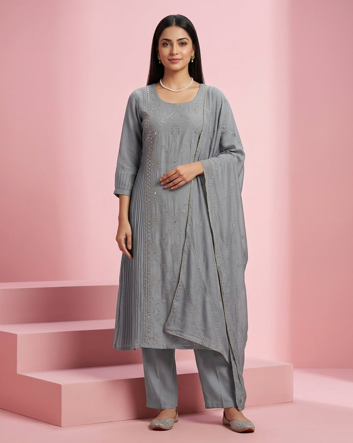 Grey "Sophistication" Pleated &amp; Embroidered Chanderi Kurta, Pant &amp; Dupatta Set