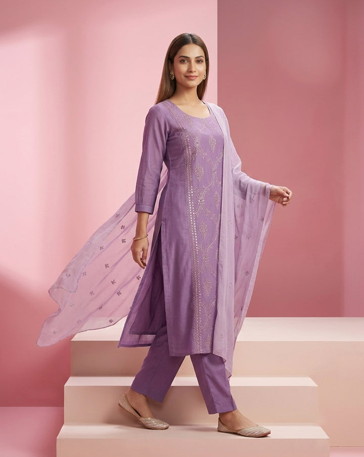 Lavender "Ethereal" Embroidered Chanderi Kurta, Pant &amp; Dupatta Set
