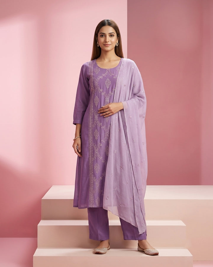 Lavender "Ethereal" Embroidered Chanderi Kurta, Pant &amp; Dupatta Set